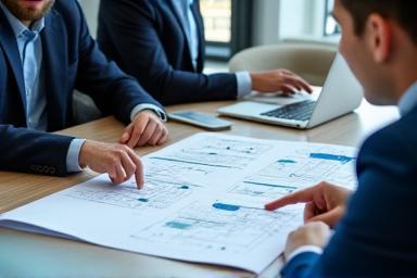 プロセス自動化の図面について話し合うエンジニア